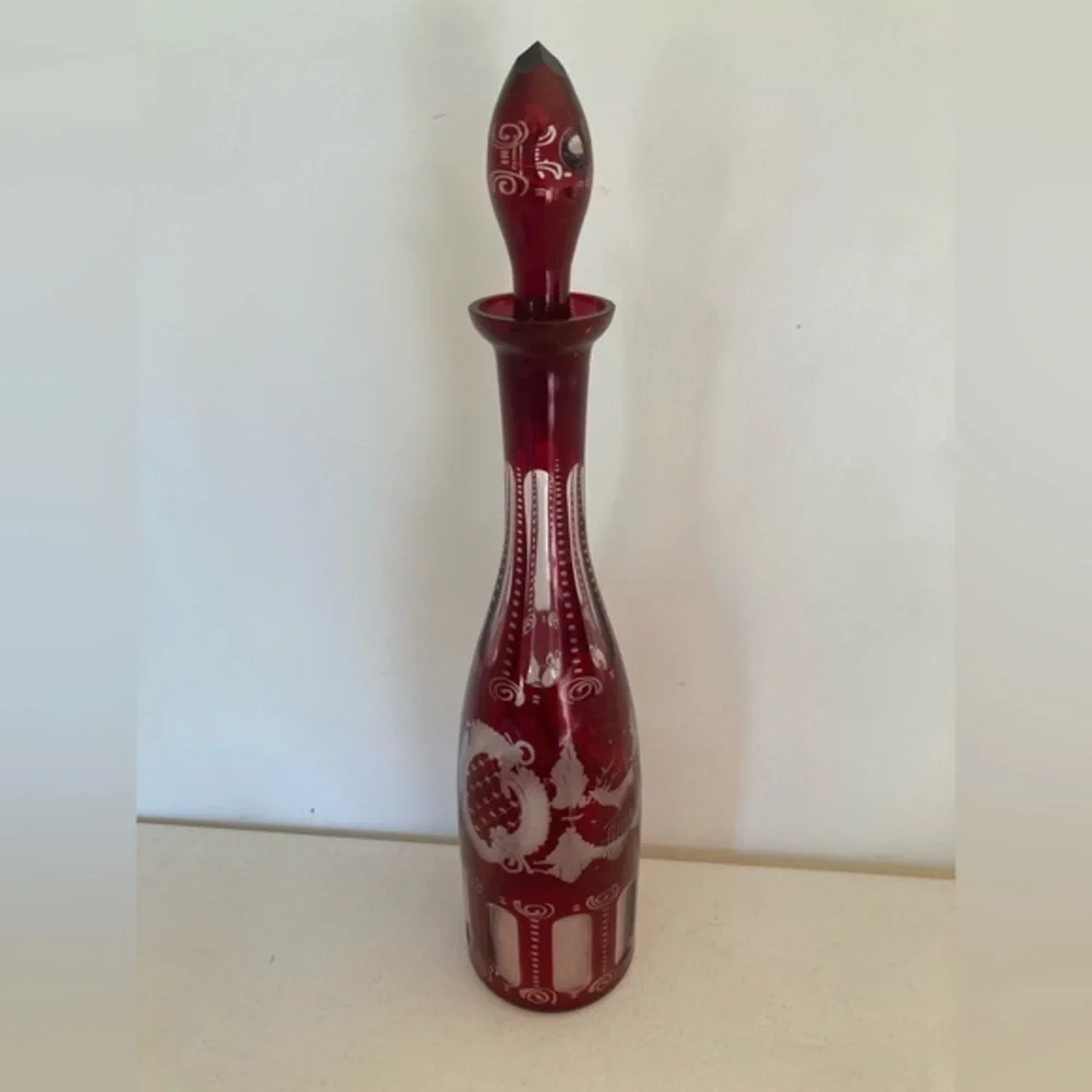 Vtg Bohemian Czech Red cut to clear Crystal Glass Liquor Decanter Ruby